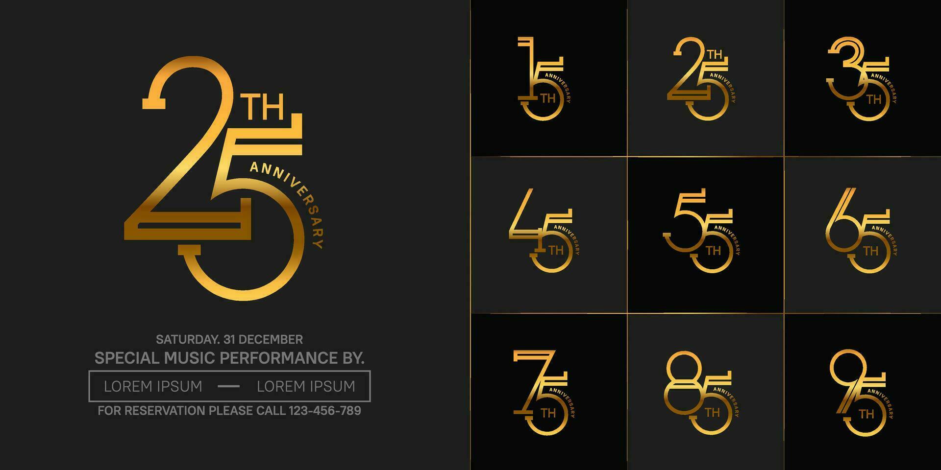 set of anniversary golden color with black background for special celebration event vector