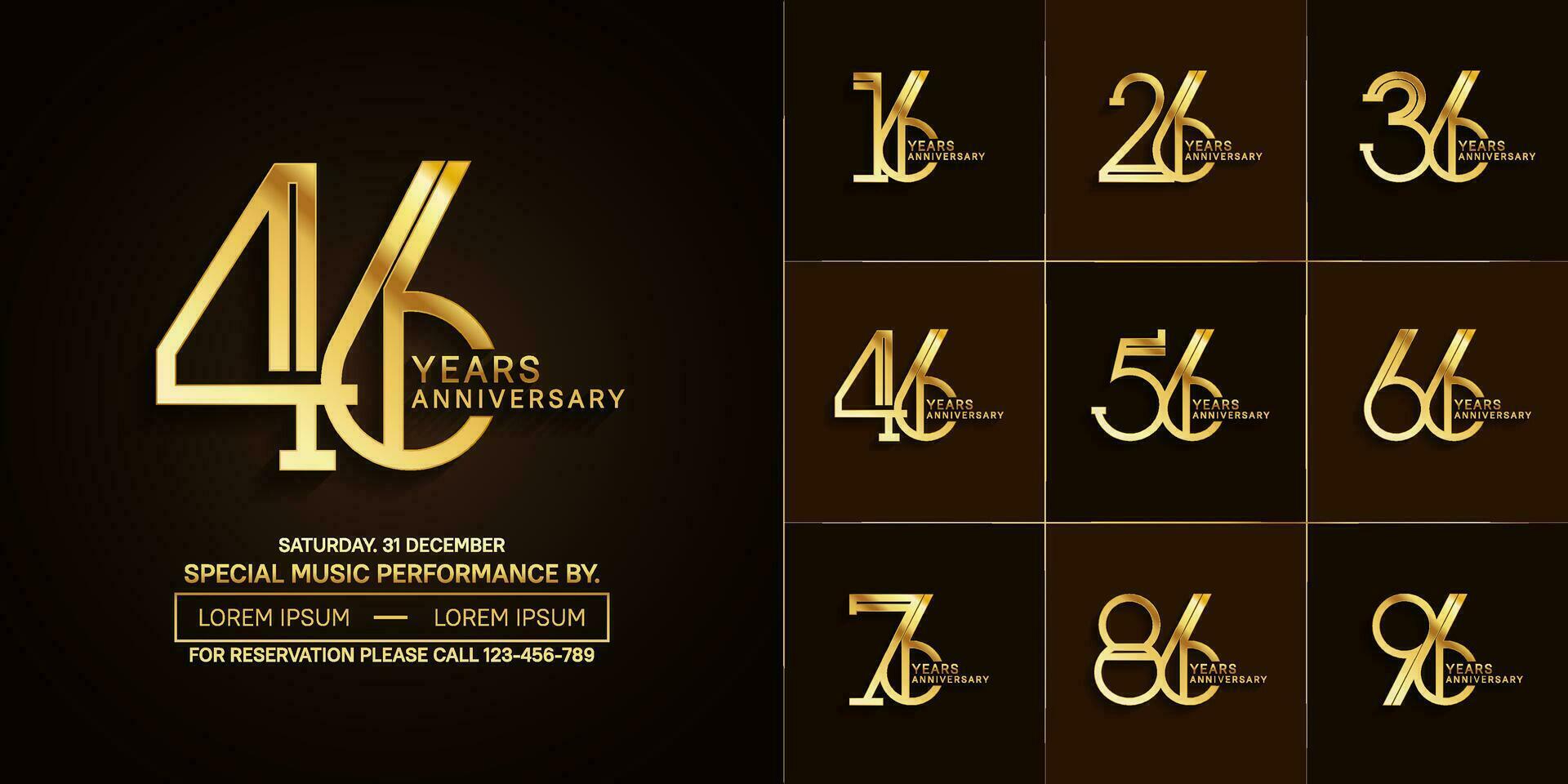 set of anniversary glossy golden color with brown background for special celebration event vector