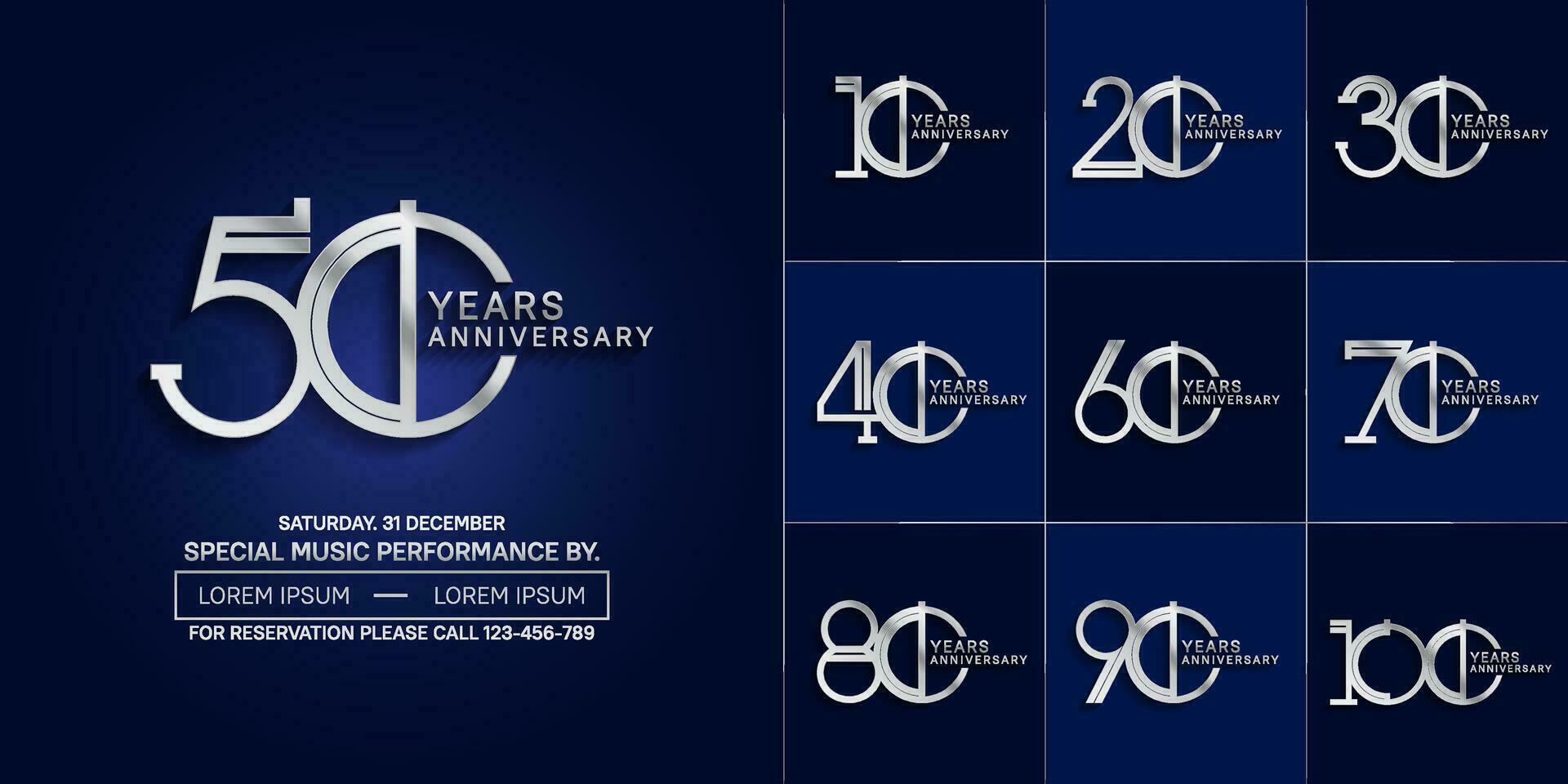 set of anniversary glossy silver color with blue background for special celebration event vector