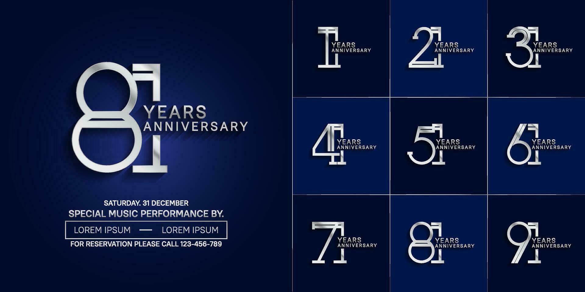 set of anniversary glossy silver color with blue background for special celebration event vector