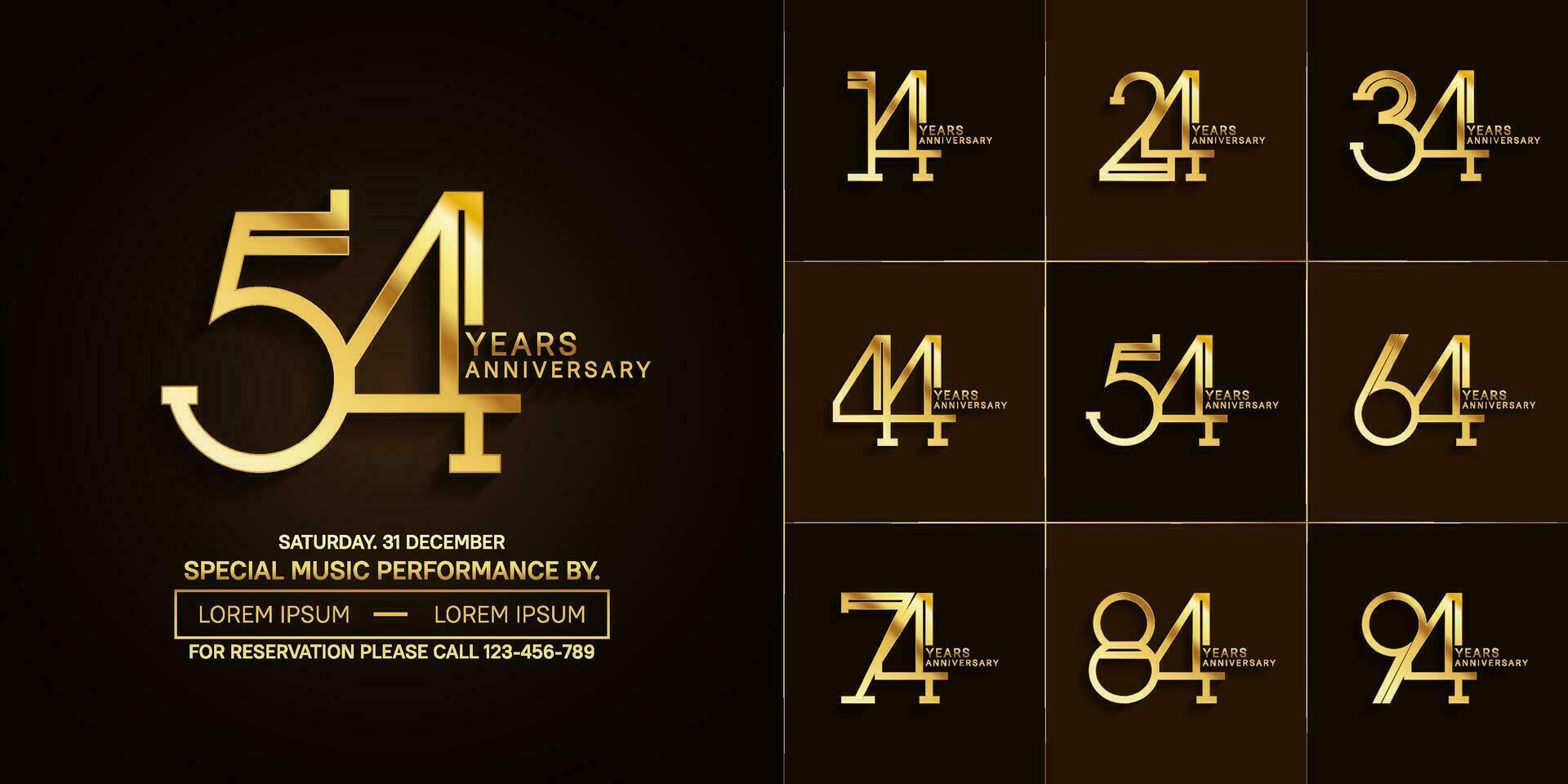 set of anniversary glossy golden color with brown background for special celebration event vector