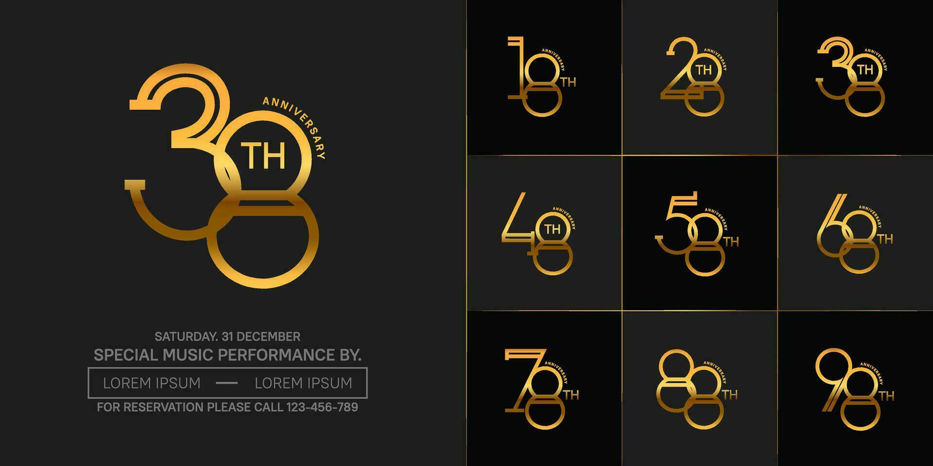 set of anniversary golden color with black background for special celebration event vector