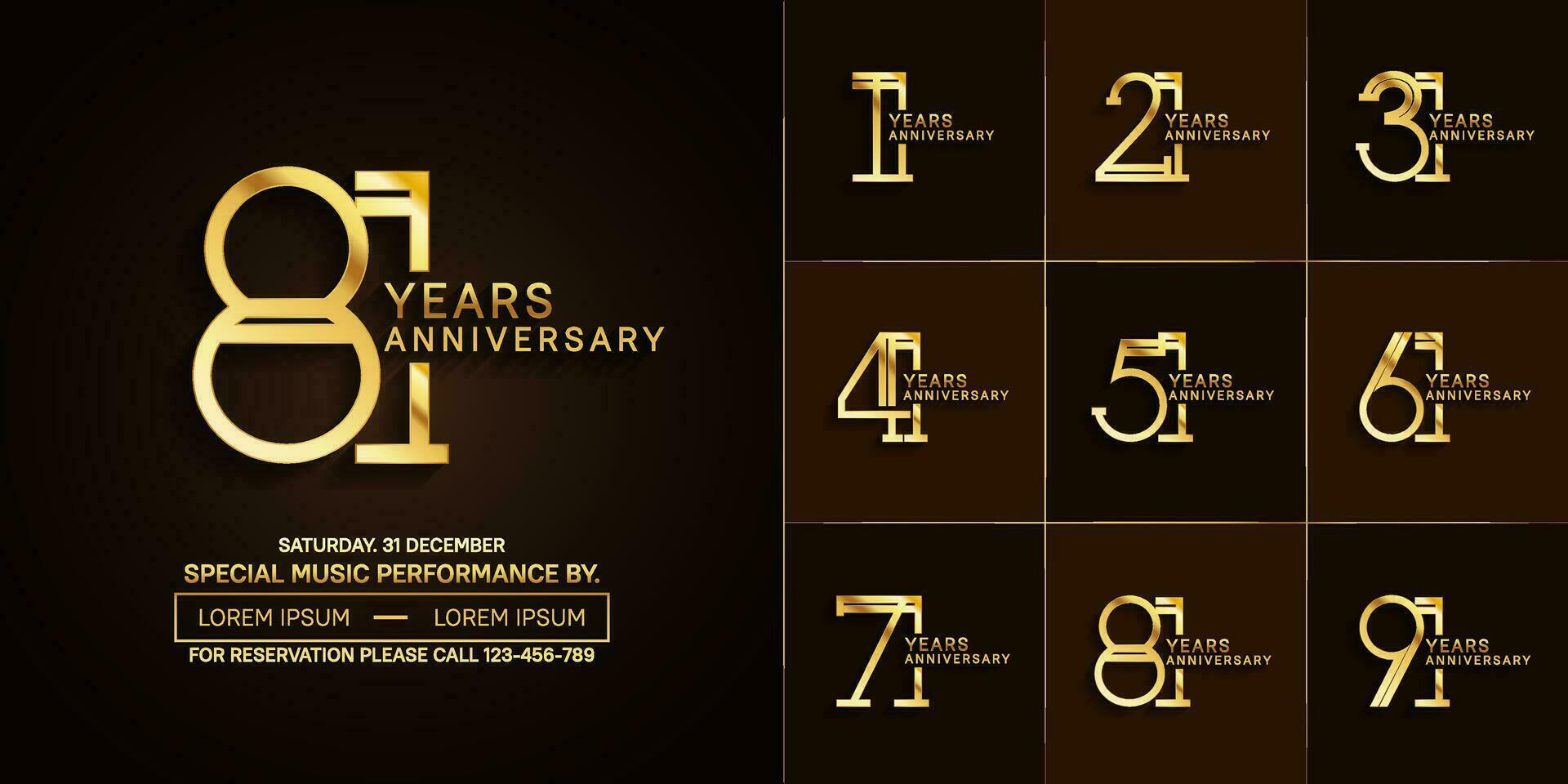 set of anniversary glossy golden color with brown background for special celebration event vector