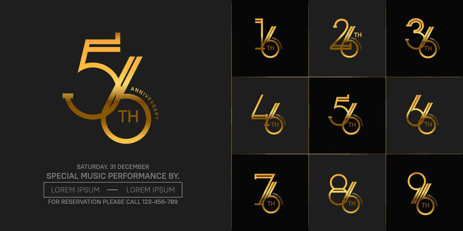 set of anniversary golden color with black background for special celebration event vector