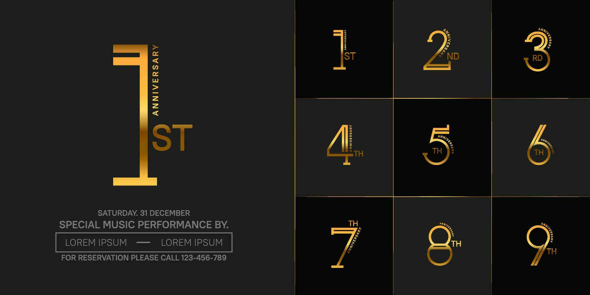 set of anniversary golden color with black background for special celebration event vector