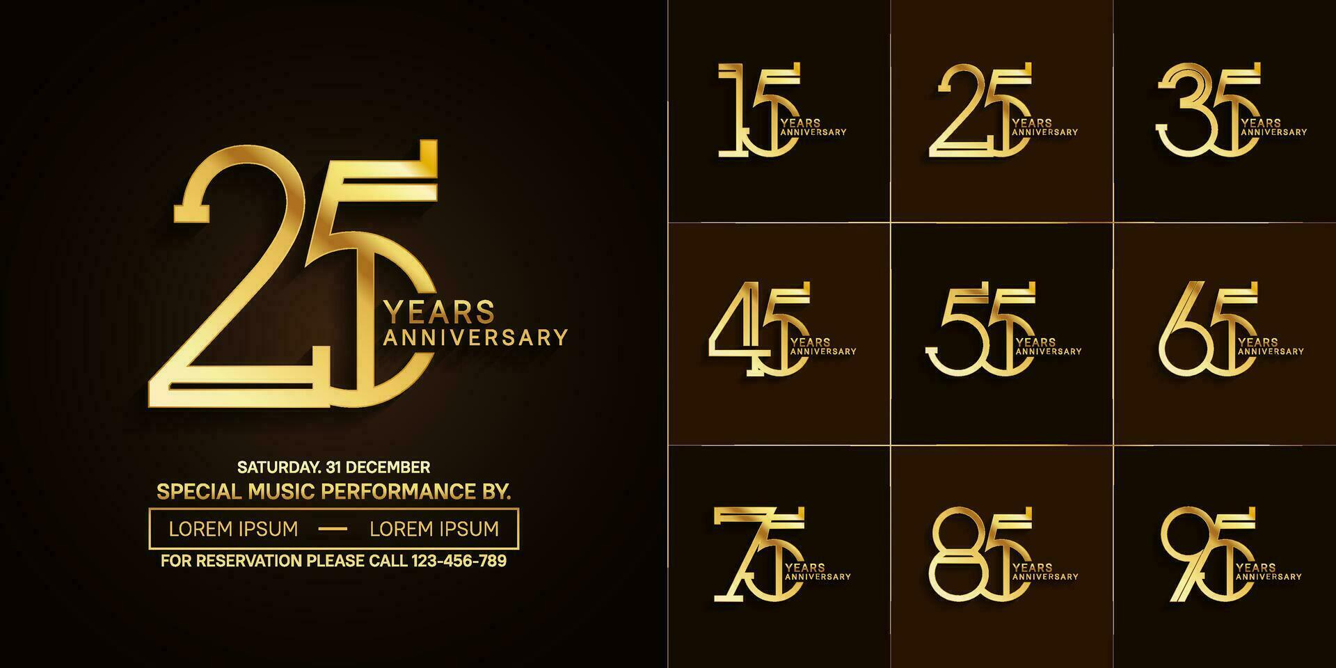 set of anniversary glossy golden color with brown background for special celebration event vector