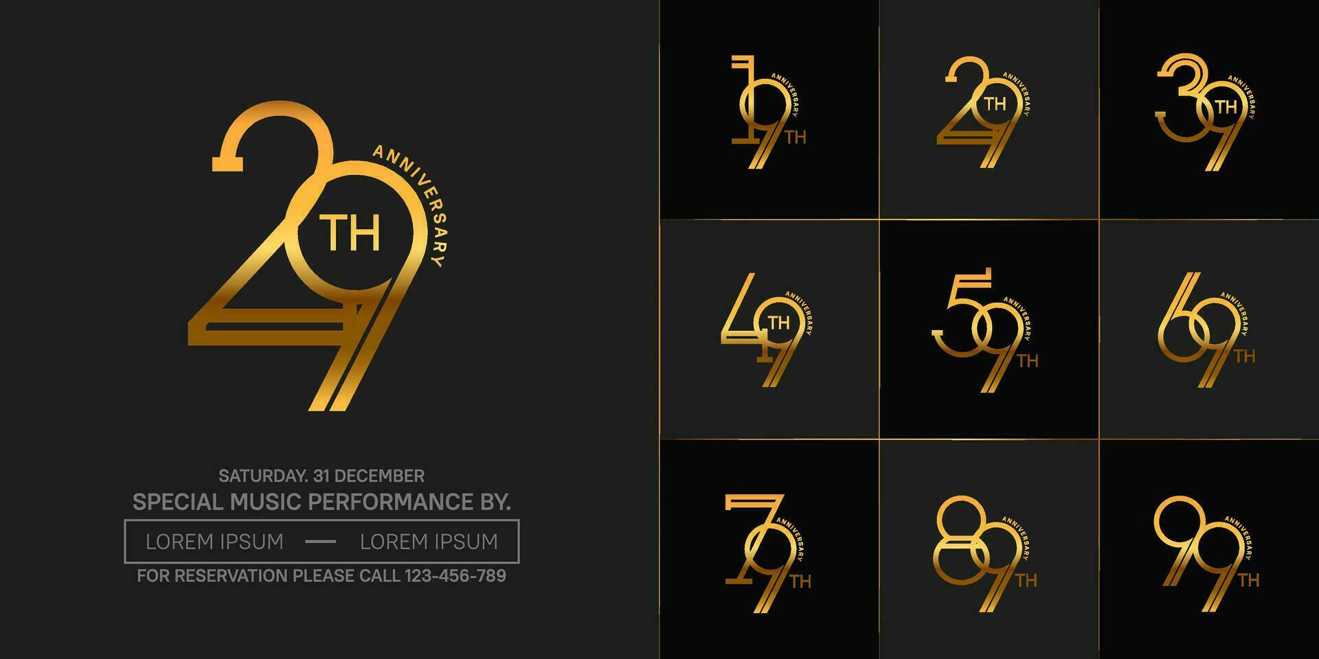 set of anniversary golden color with black background for special celebration event vector