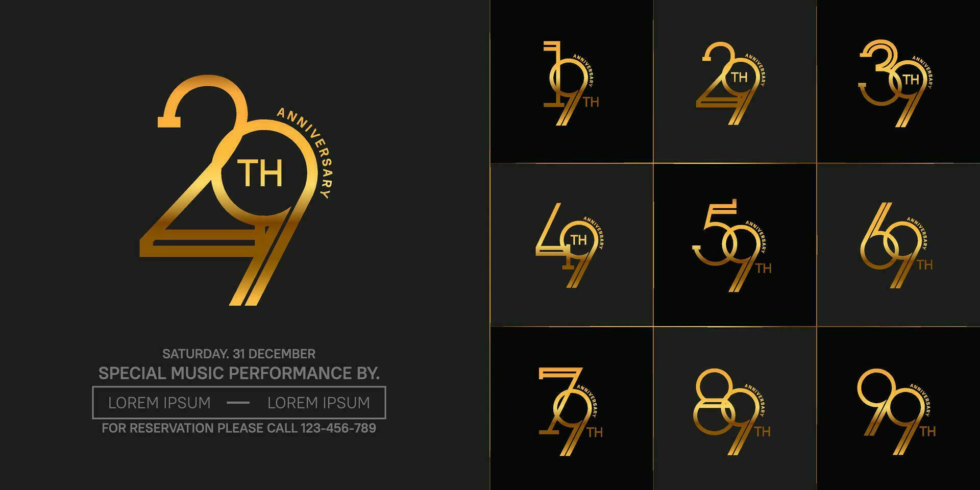 set of anniversary golden color with black background for special celebration event vector