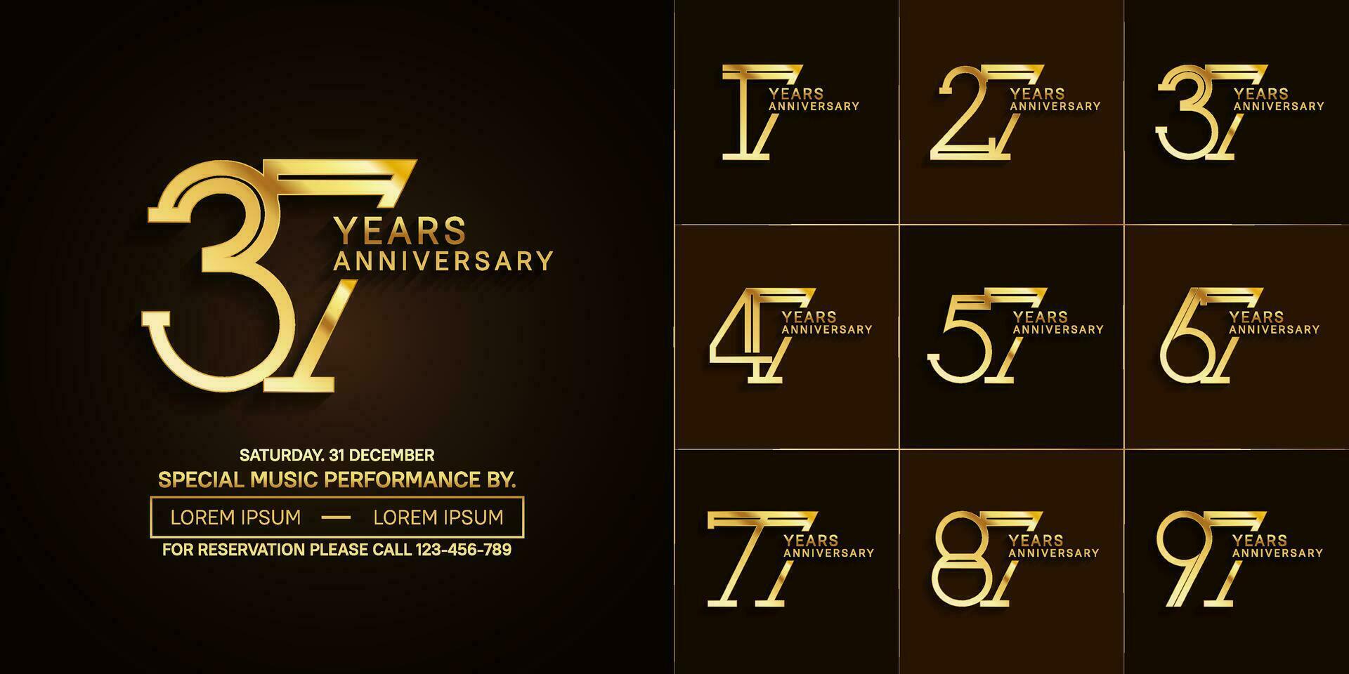 set of anniversary glossy golden color with brown background for special celebration event vector