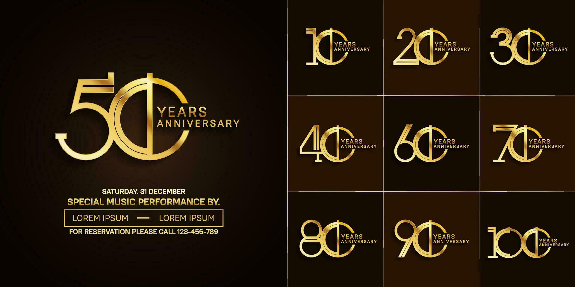 set of anniversary glossy golden color with brown background for special celebration event vector