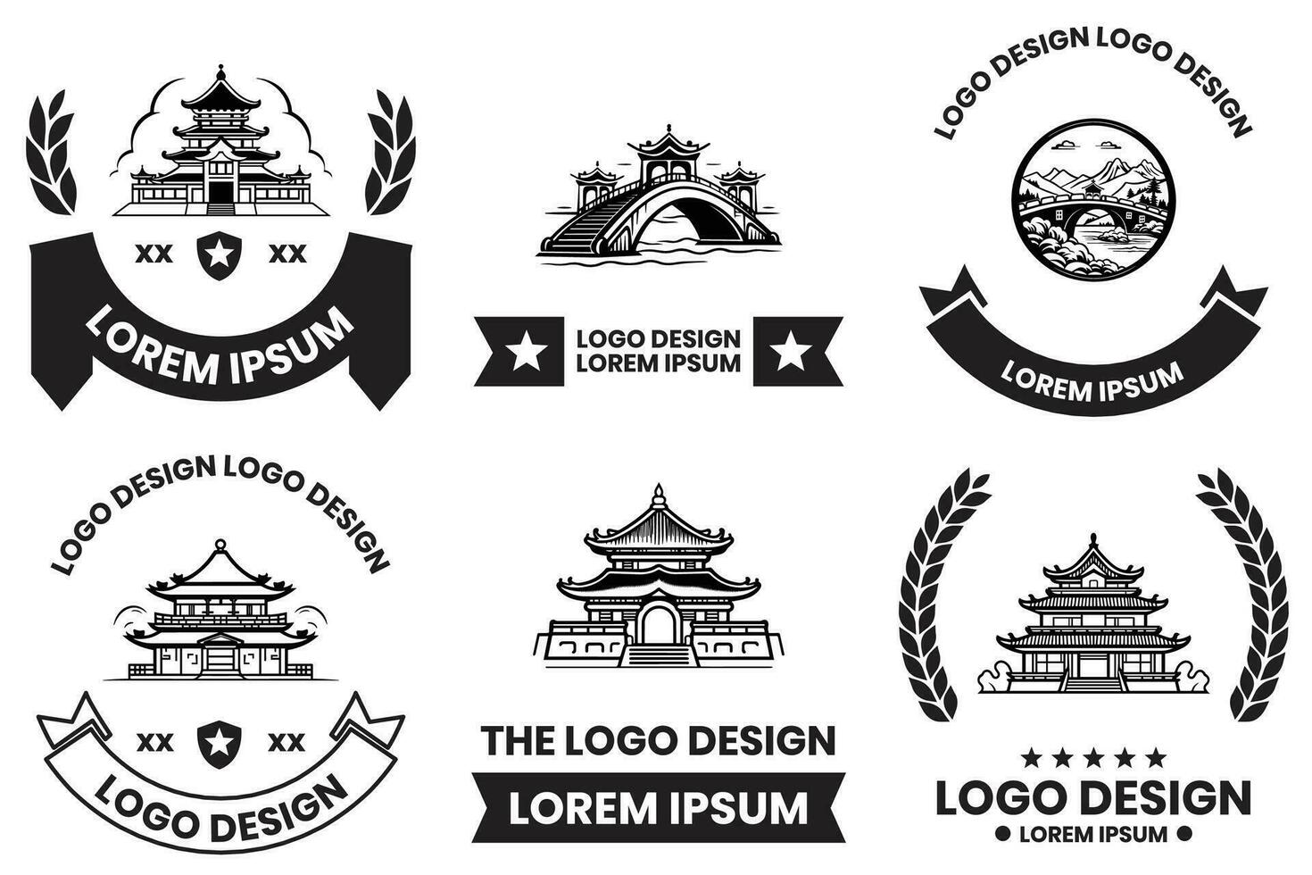 Chinese building or Japanese building logo in flat line art style vector