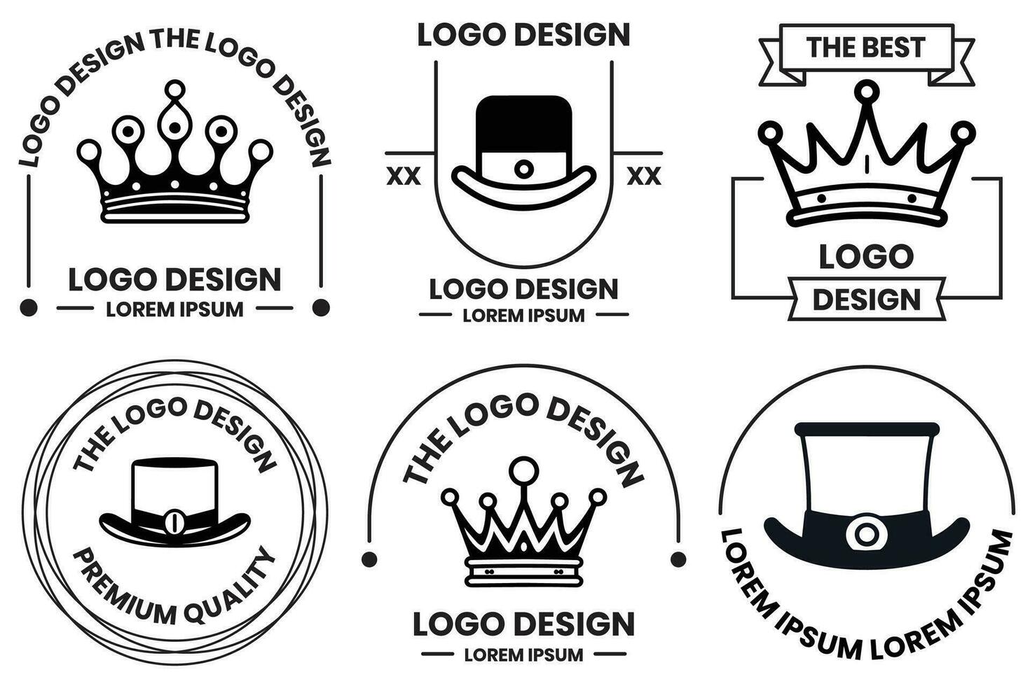 sombrero y corona logo en plano línea Arte estilo vector