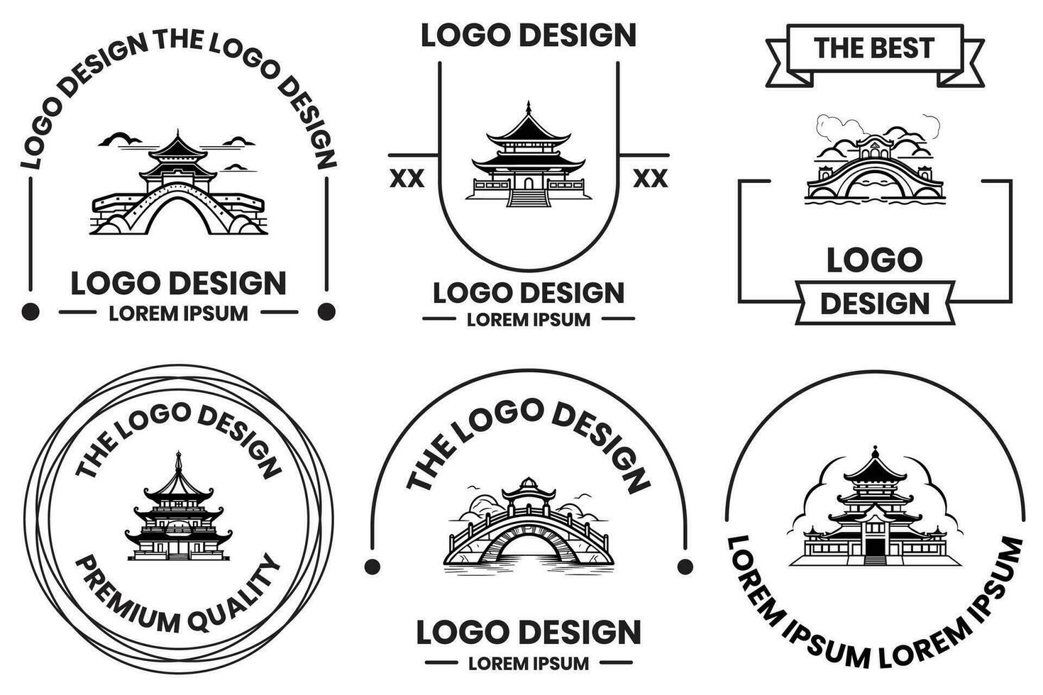Chinese building or Japanese building logo in flat line art style vector