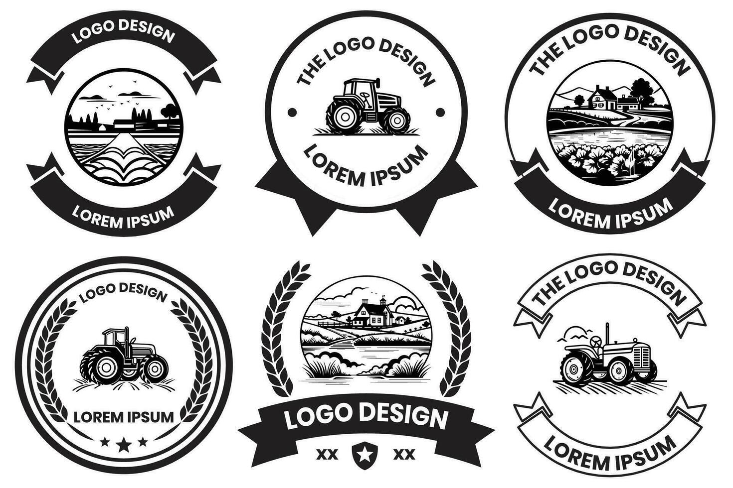 Farms and fields logo in flat line art style vector