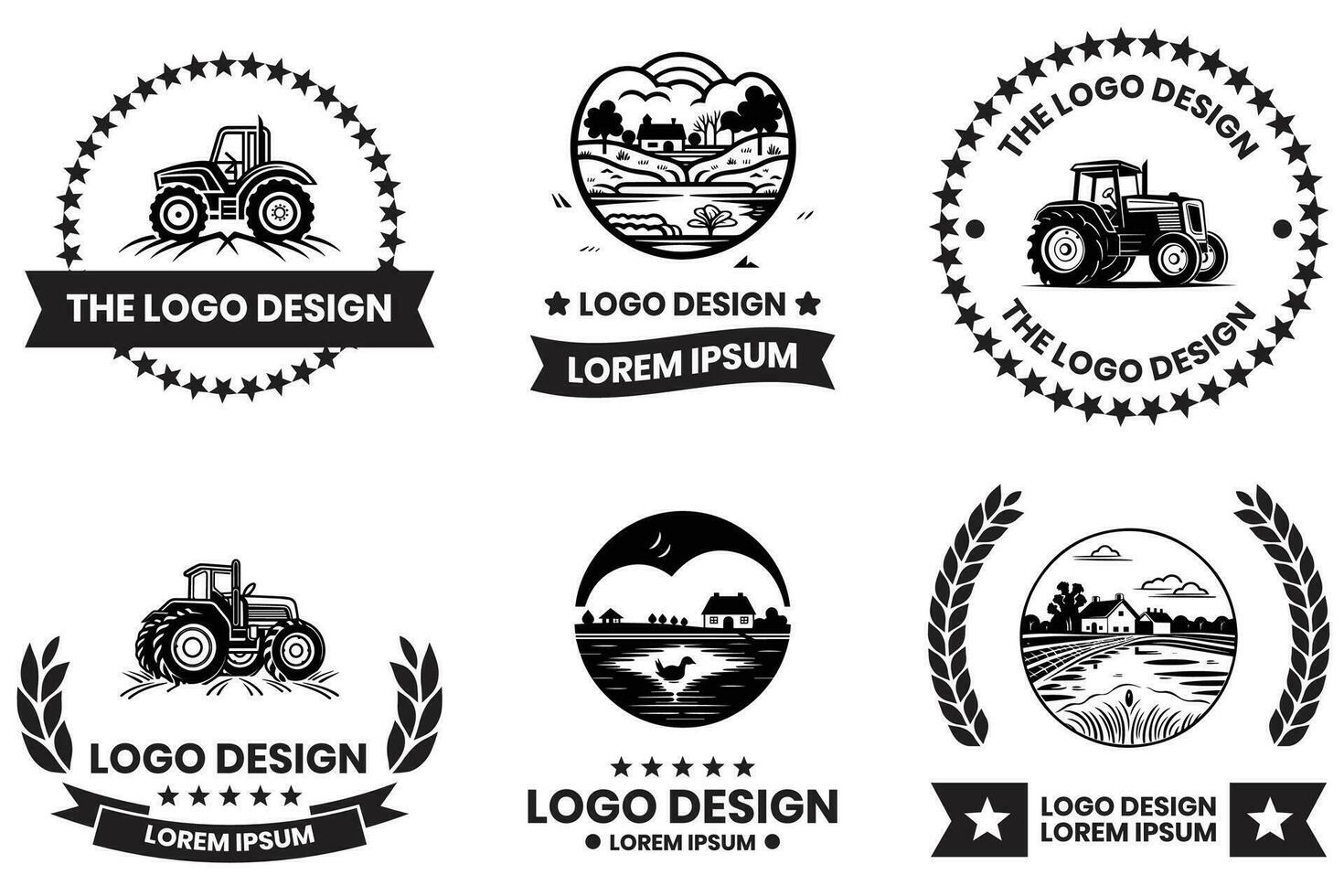 Farms and fields logo in flat line art style vector