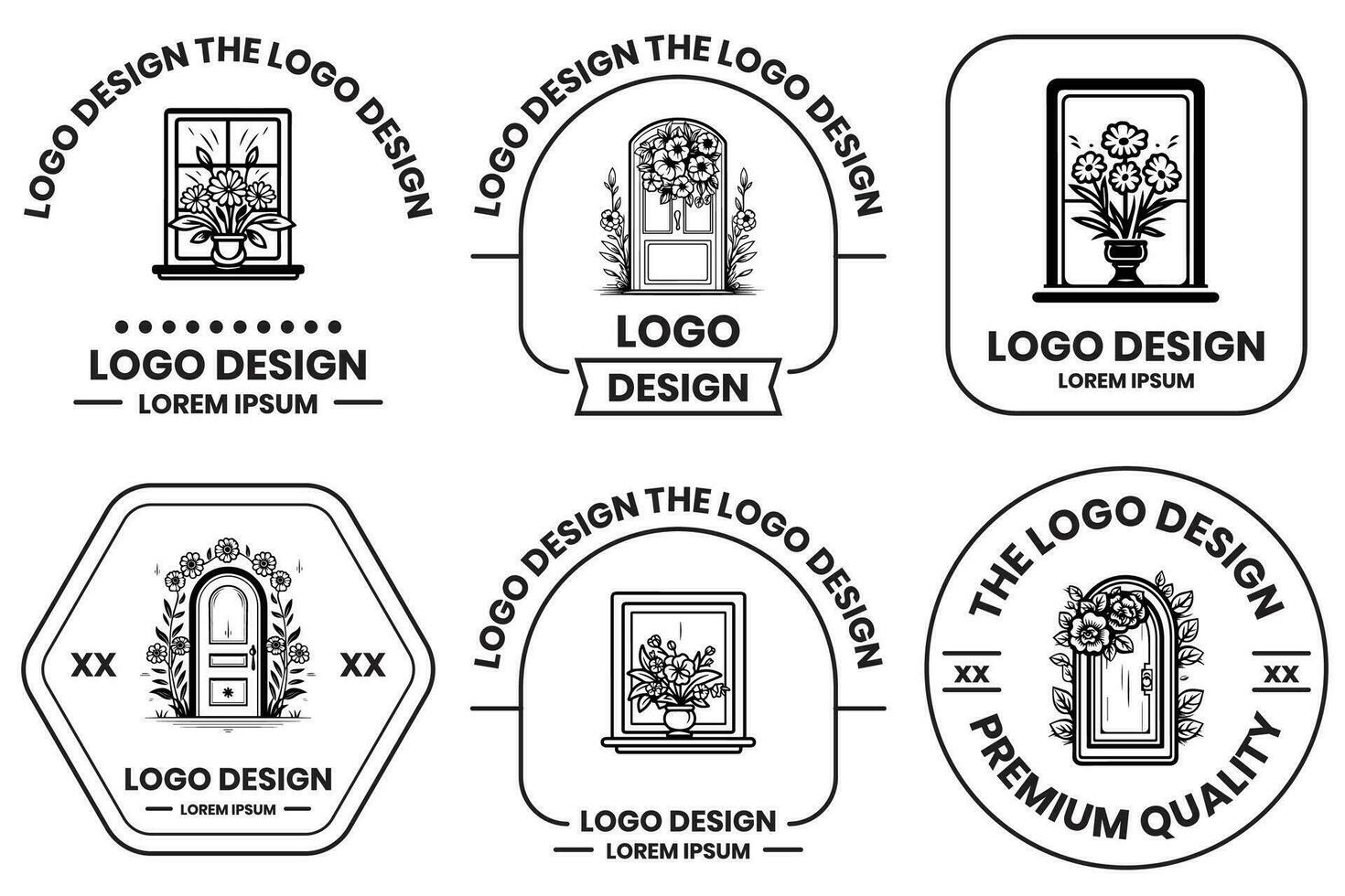 Doors and windows with flowers logo in flat line art style vector