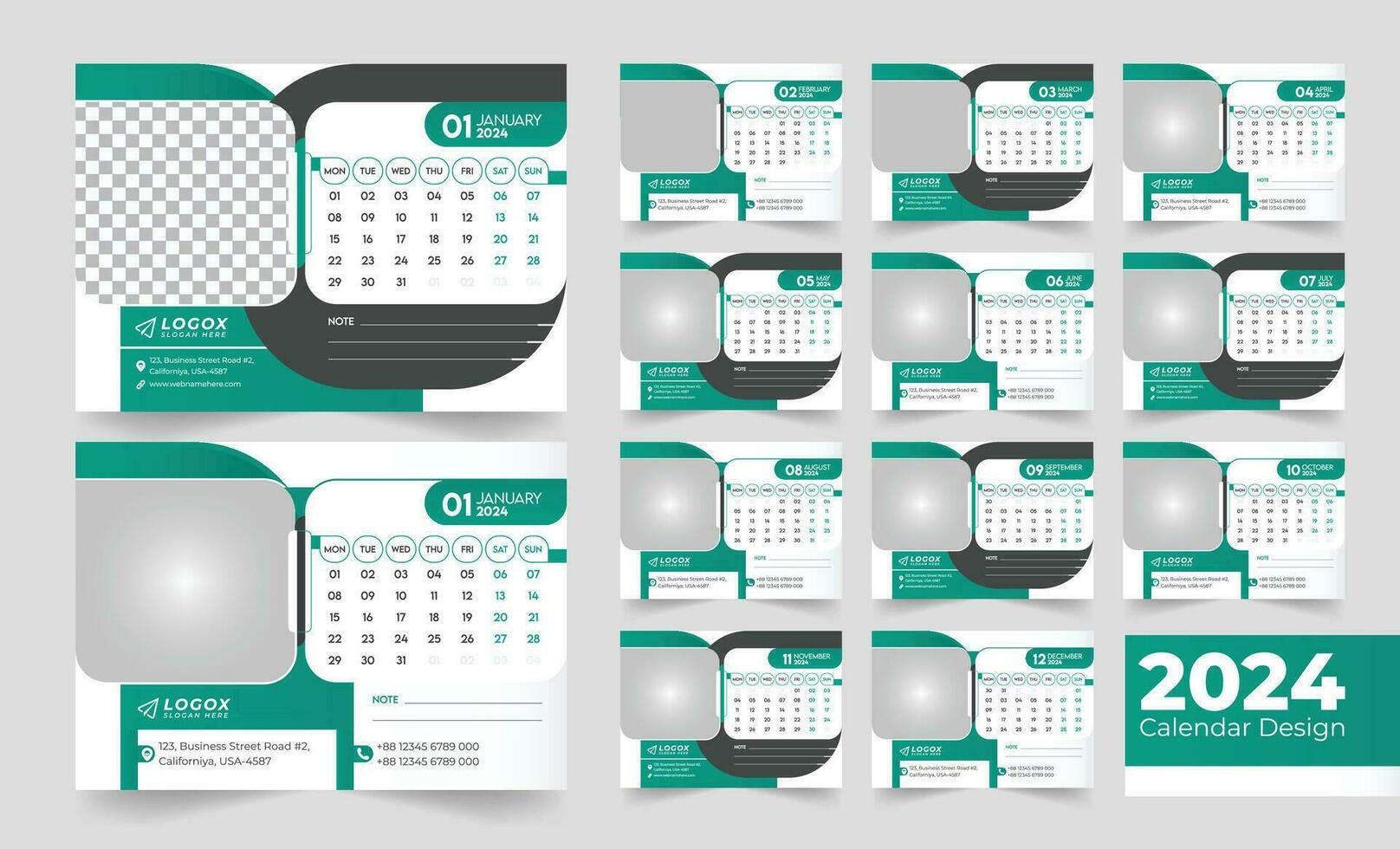 2024 Office Desk Calendar Modern Simple Design Corporate Business Annual Planner Template Set. vector