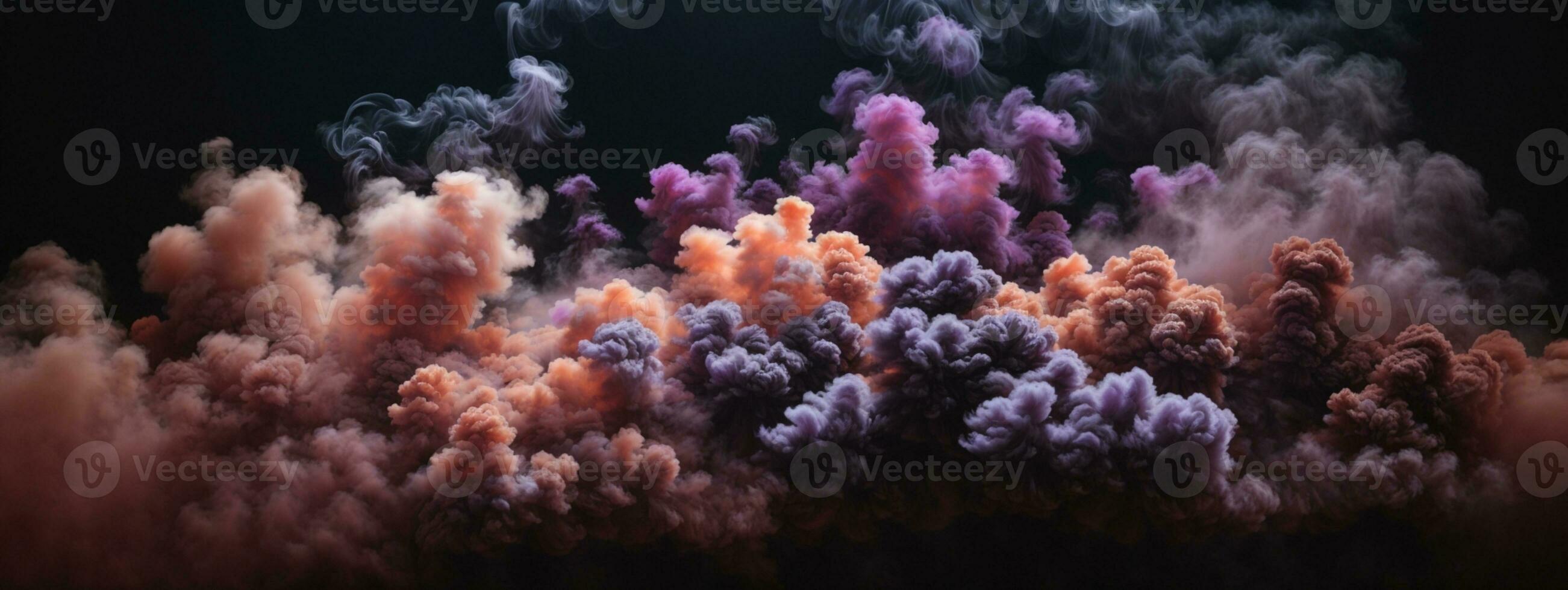denso multicolor fumar de rojo, púrpura y rosado colores en un negro aislado antecedentes. antecedentes de fumar vapear ai generado foto