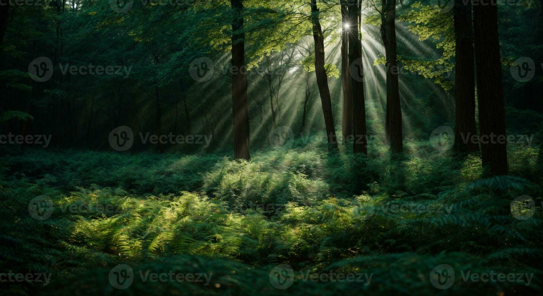 Beautiful rays of sunlight in a green forest. AI generated photo