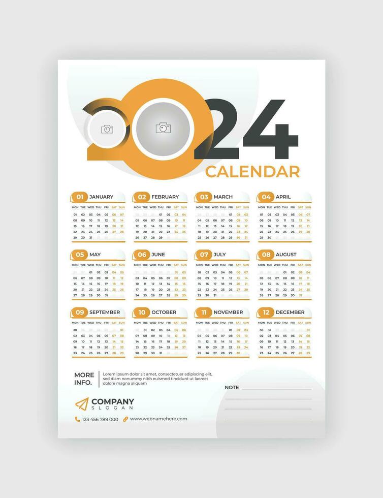 Wall Calendar 2024 Modern Simple One Page Design Corporate Business Annual Planner Template Set-Week Starts On Monday. vector