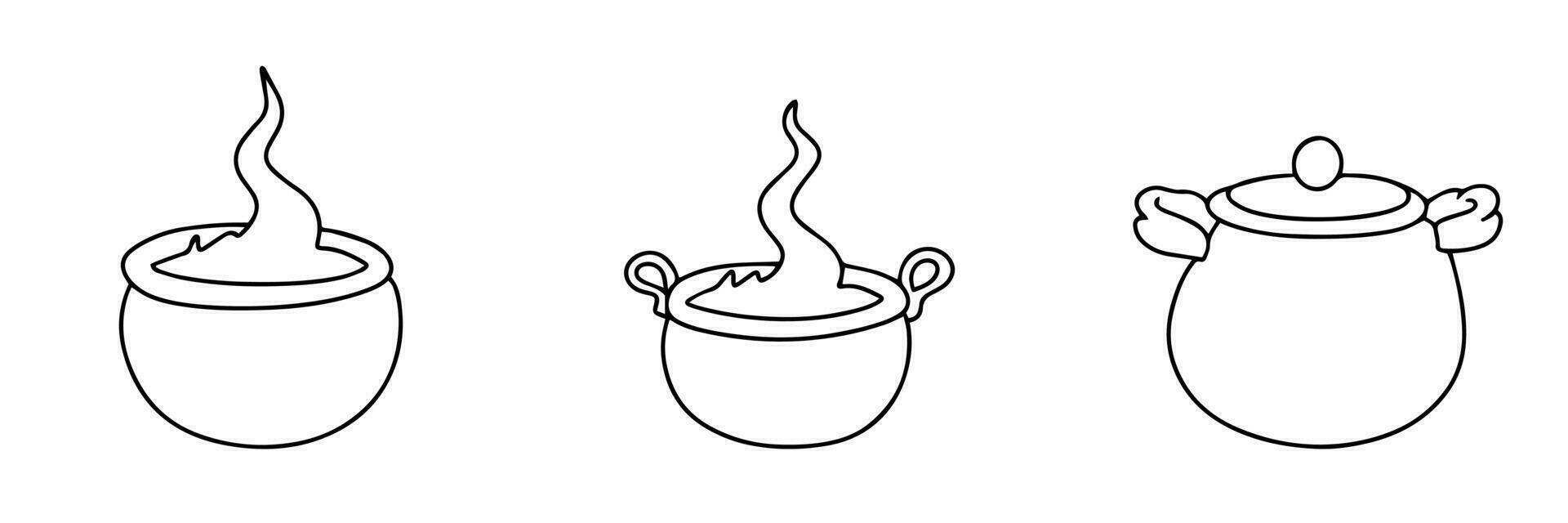 Collection of cauldrons in doodle style isolated on white background. Set of Halloween decor in outline. Vector illustration.