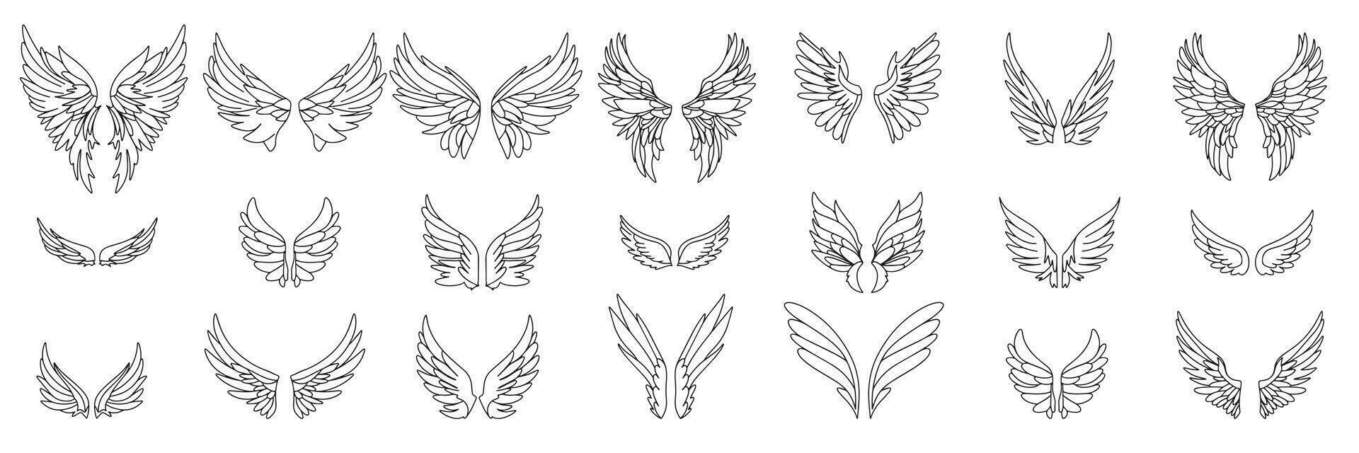 Angel's wings in doodle style collection isolated on white background. Hand drawn outline wings. Vector illustration.