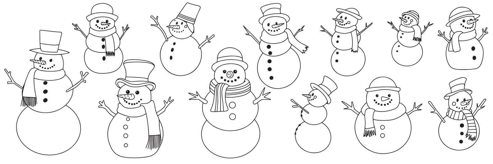 Set of hand dranw snowmen isolated on white background. Big collection of outline snowman. Vector illustration.