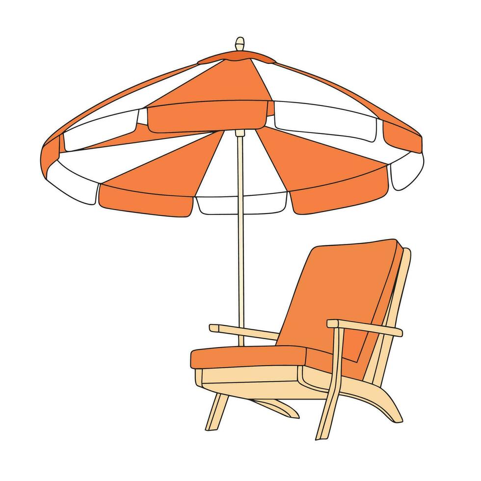 Beach umbrella and chair colored outline. Hand drawn umbrella and chair beach isolated on white background. Vector illustration.