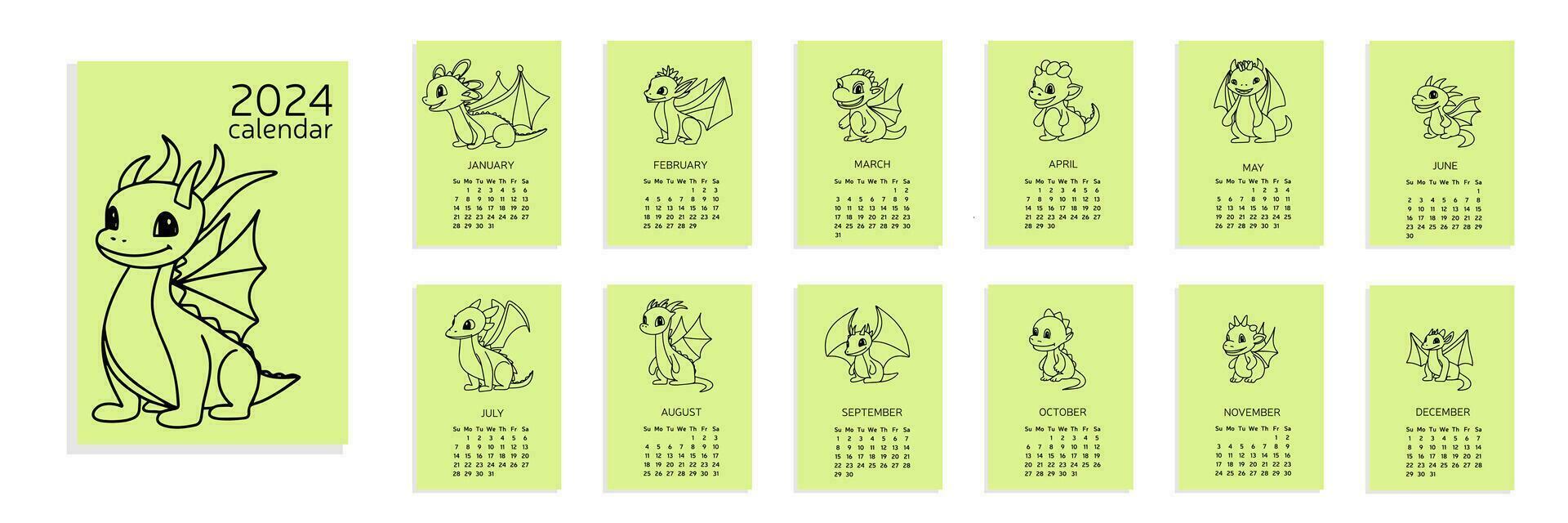 Calendar 2024 with cute little dragons in doodle style. Cute dragons calendar 2024 A4. Week start from Sunday. Vector illustration. Baby dragons calendar 2024