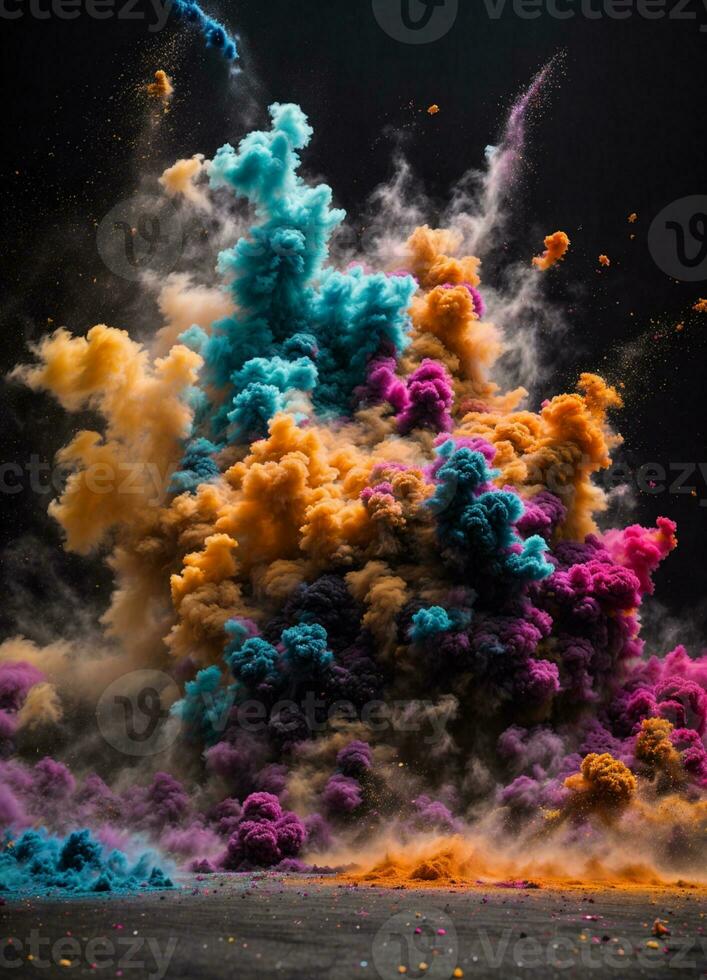 Abstract powder splatted background. Colorful powder explosion on white background. Colored cloud. Colorful dust explode. Paint Holi. AI generated photo