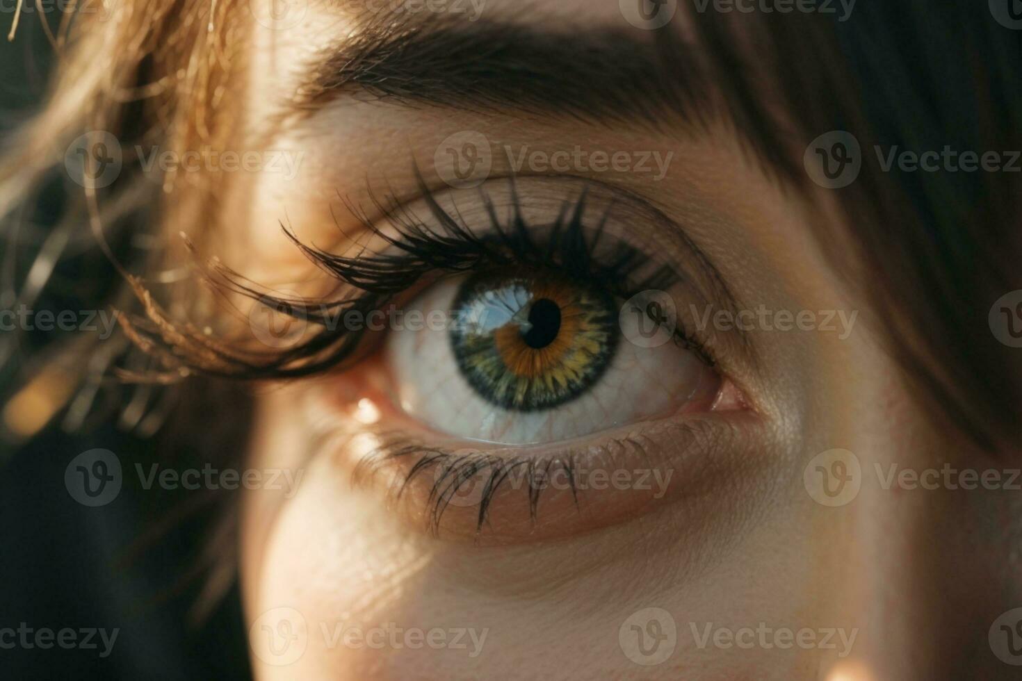 Female eye with long eyelashes close-up. AI generated photo