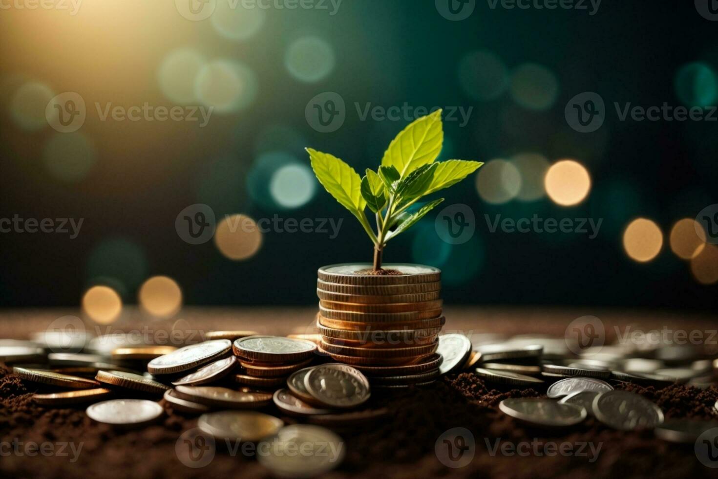 Plant Growing In Savings Coins - Investment And Interest Concept. AI generated photo