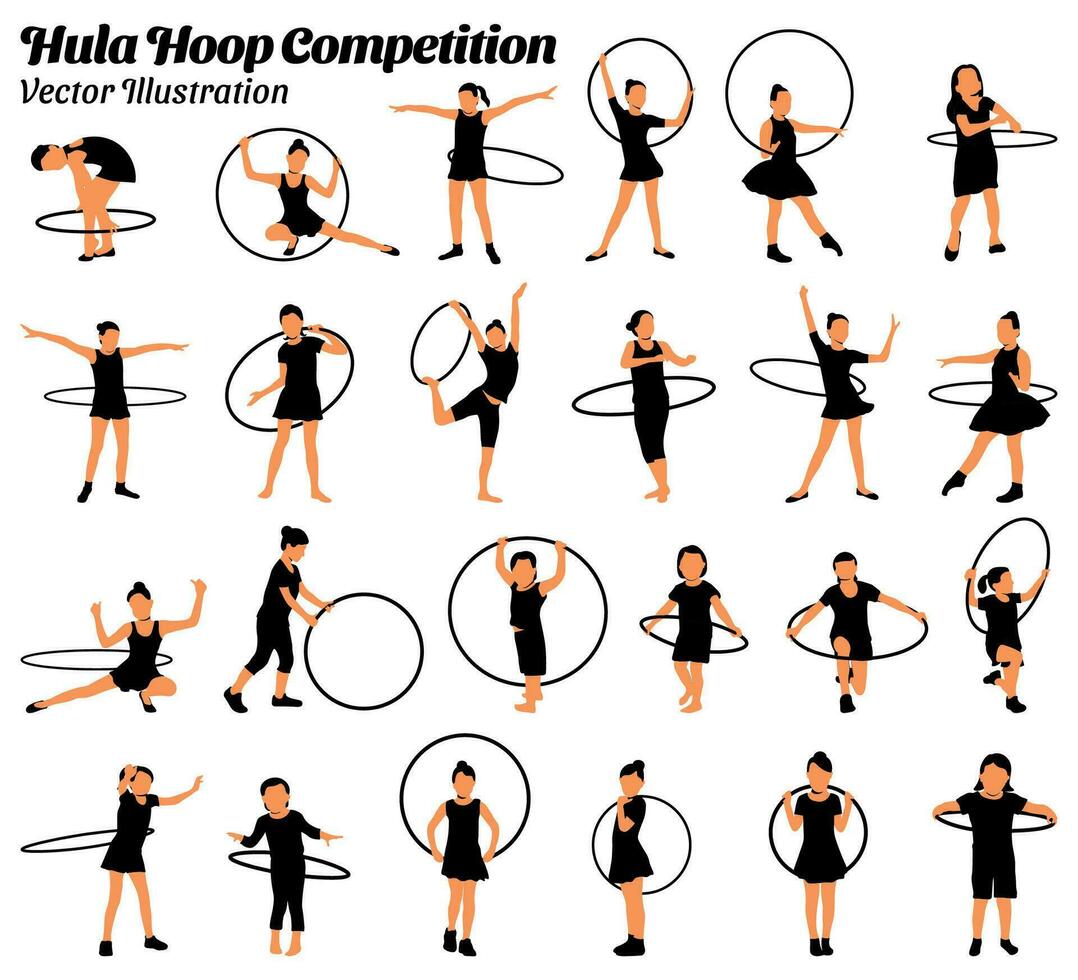 Collection of flat design vector illustrations of children competing to play hula hoop