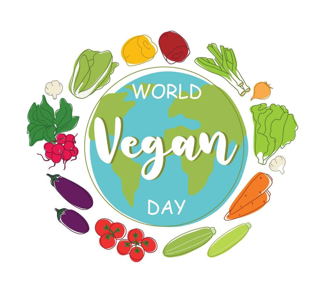 World Vegan Day. Vector hand drawn illustration with planet and vegetables. Illustration is for posters, cards, covers, labels, stickers and etc.