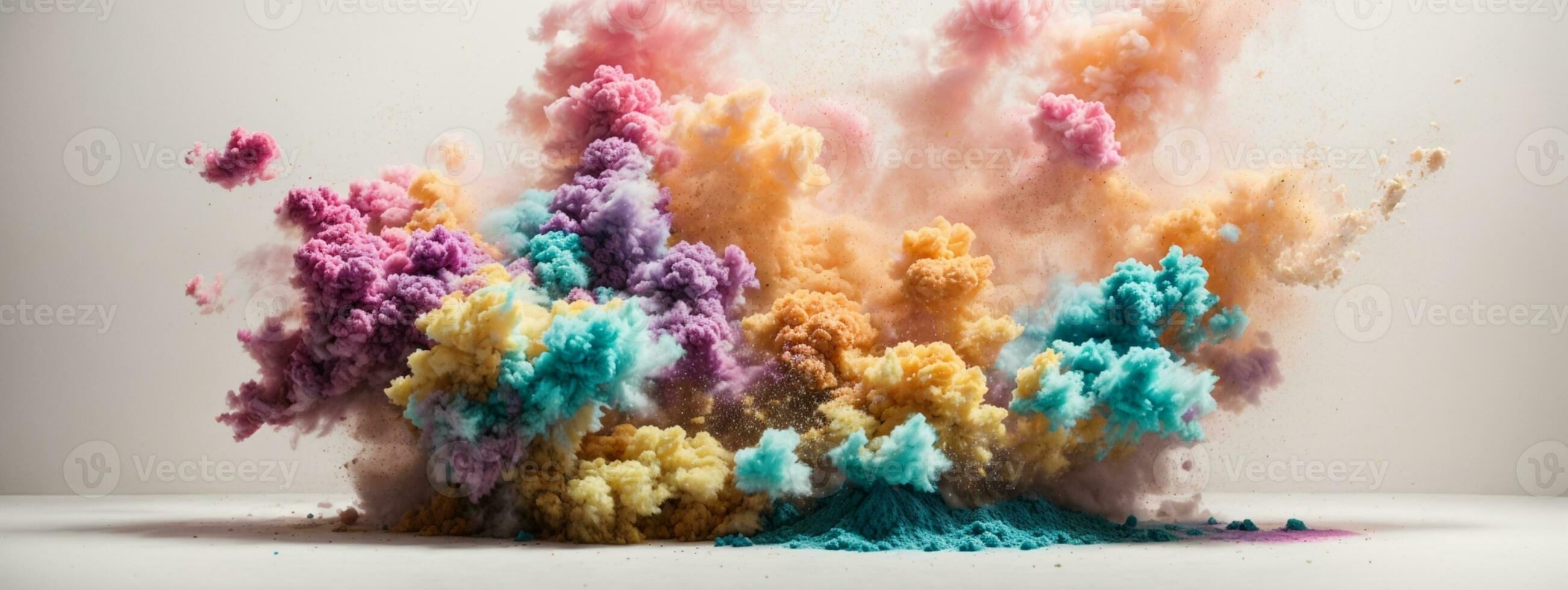Abstract powder splatted background. Colorful powder explosion on white background. Colored cloud. Colorful dust explode. Paint Holi. AI generated photo