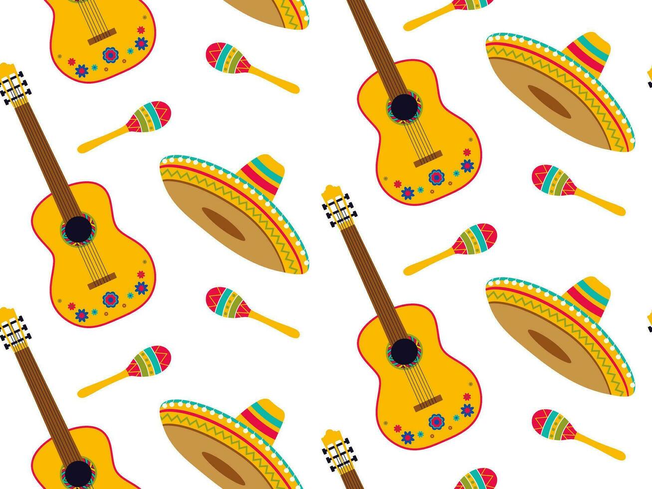 Mexican musical instruments and sombrero. Seamless pattern vector illustration