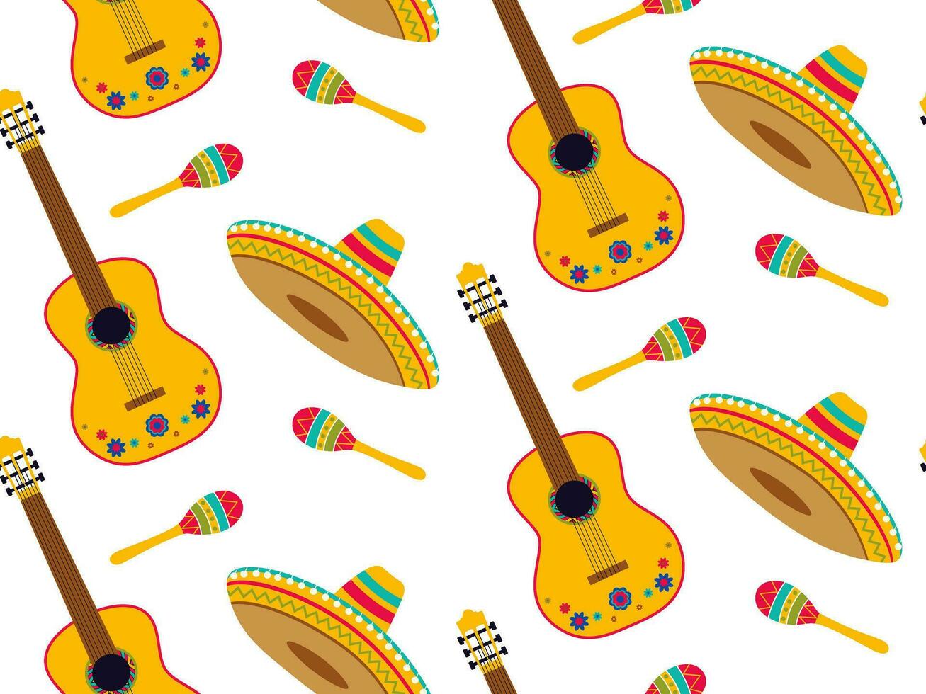 Mexican musical instruments and sombrero. Seamless pattern vector illustration