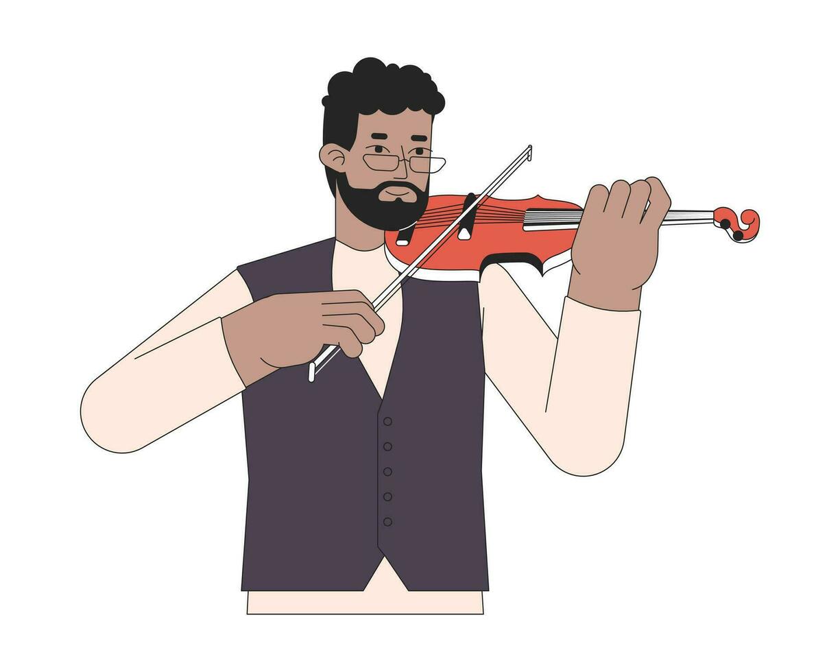 violinista jugando con violín arco 2d lineal dibujos animados personaje. africano americano barbado hombre violín jugador aislado línea vector persona blanco antecedentes. ejecutando letras color plano Mancha ilustración