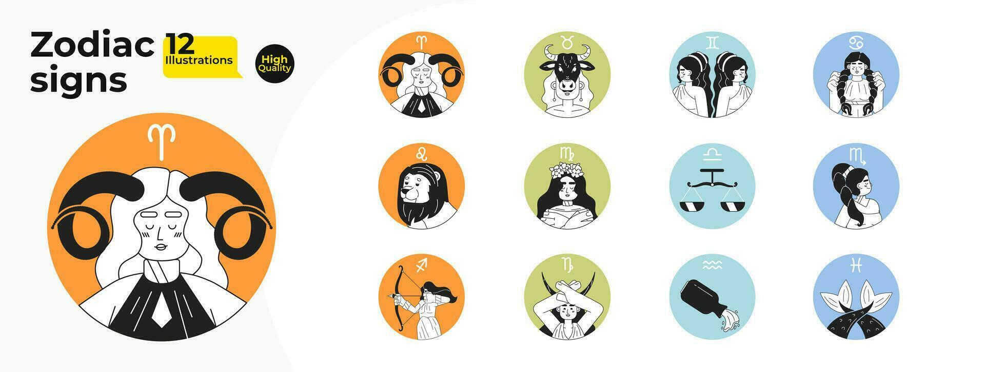 Zodiac signs monochrome round vector spot illustrations bundle. Horoscope woman symbols 2D flat bw cartoon characters for web UI design. Astrology isolated editable hand drawn hero images collection