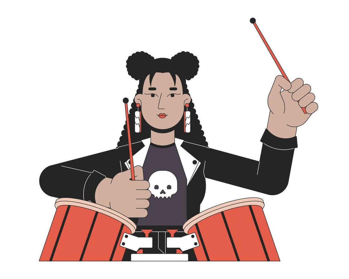 African american female musician playing drums 2D linear cartoon character. Cool drummer woman holding sticks isolated line vector person white background. Performer color flat spot illustration