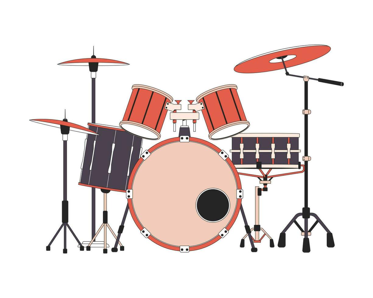 Drum set 2D linear cartoon object. Musical percussion instrument isolated line vector element white background. Rehearsal session. Beating rhythm. Rock concert color flat spot illustration