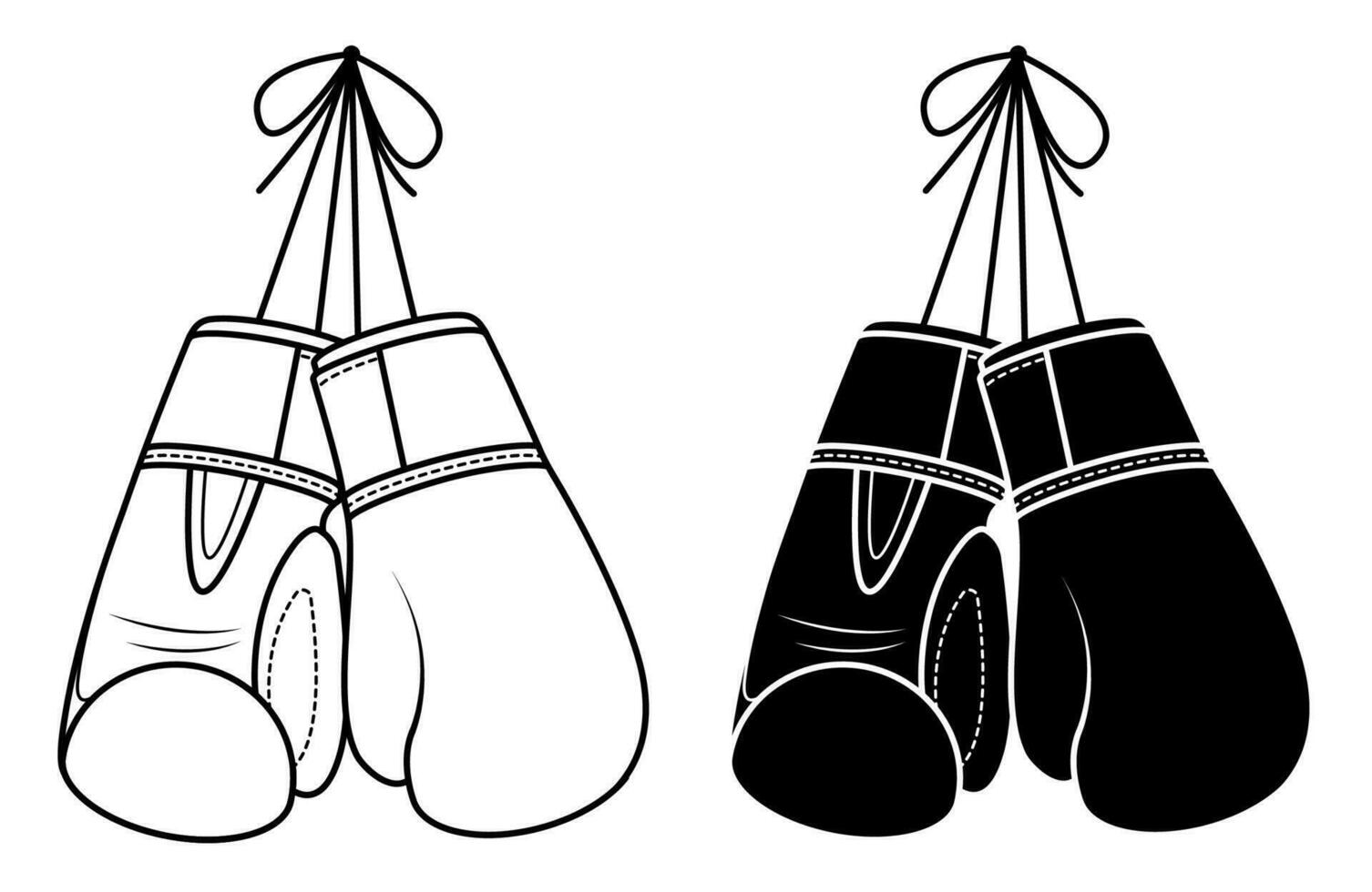 Sports boxing gloves hanging on wall. End of training, sports career of fighter. Hand protection equipment. Vector