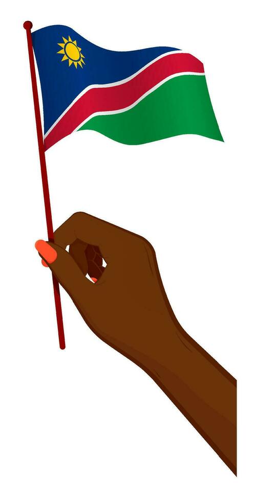 Female hand gently holds small flag of Namibia. Holiday design element. Cartoon vector on white background