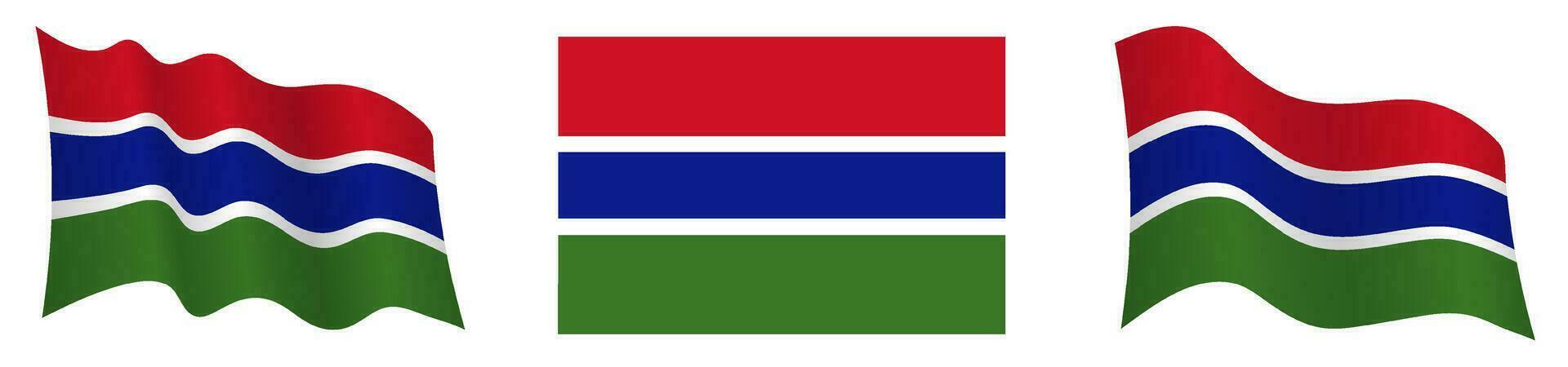 bandera de Gambia en estático posición y en movimiento, revoloteando en viento en exacto colores y tamaños, en blanco antecedentes vector