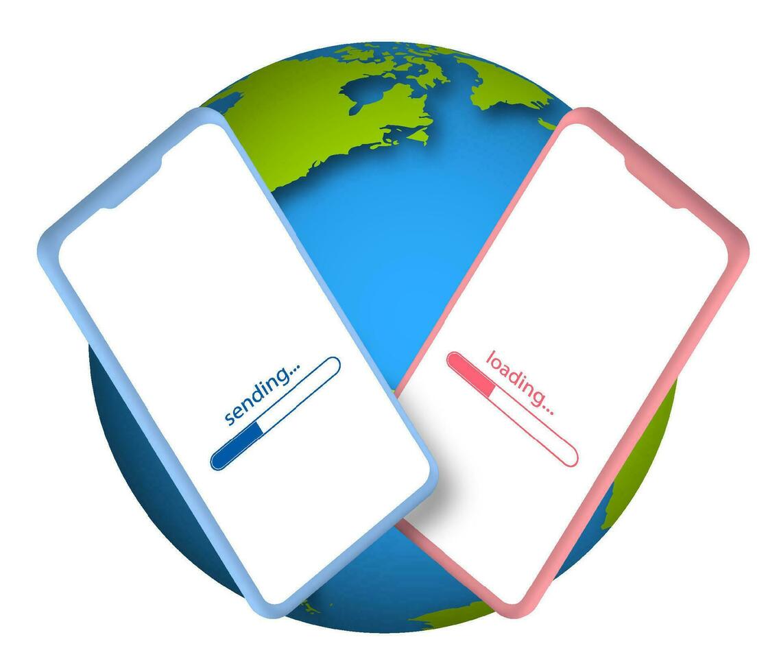 Smartphones on background of planet earth. Global communication, instant communication by mobile phone. Transfer of information in mobile network. Vector