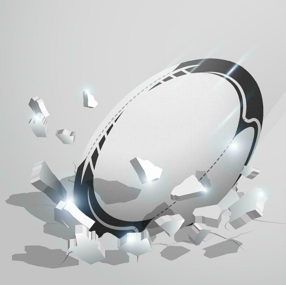 sport rugby ball crashed into the ground at high speed and breaks into shards, cracks. Inflicting heavy damage. Vector