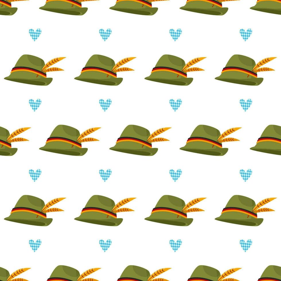 A simple, seamless pattern of Tyrolean caps and blue hearts. Oktoberfest. vector