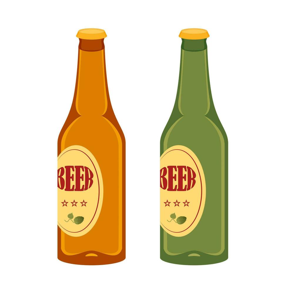 Bottles of green and brown beer. Set of vector illustration on white background.