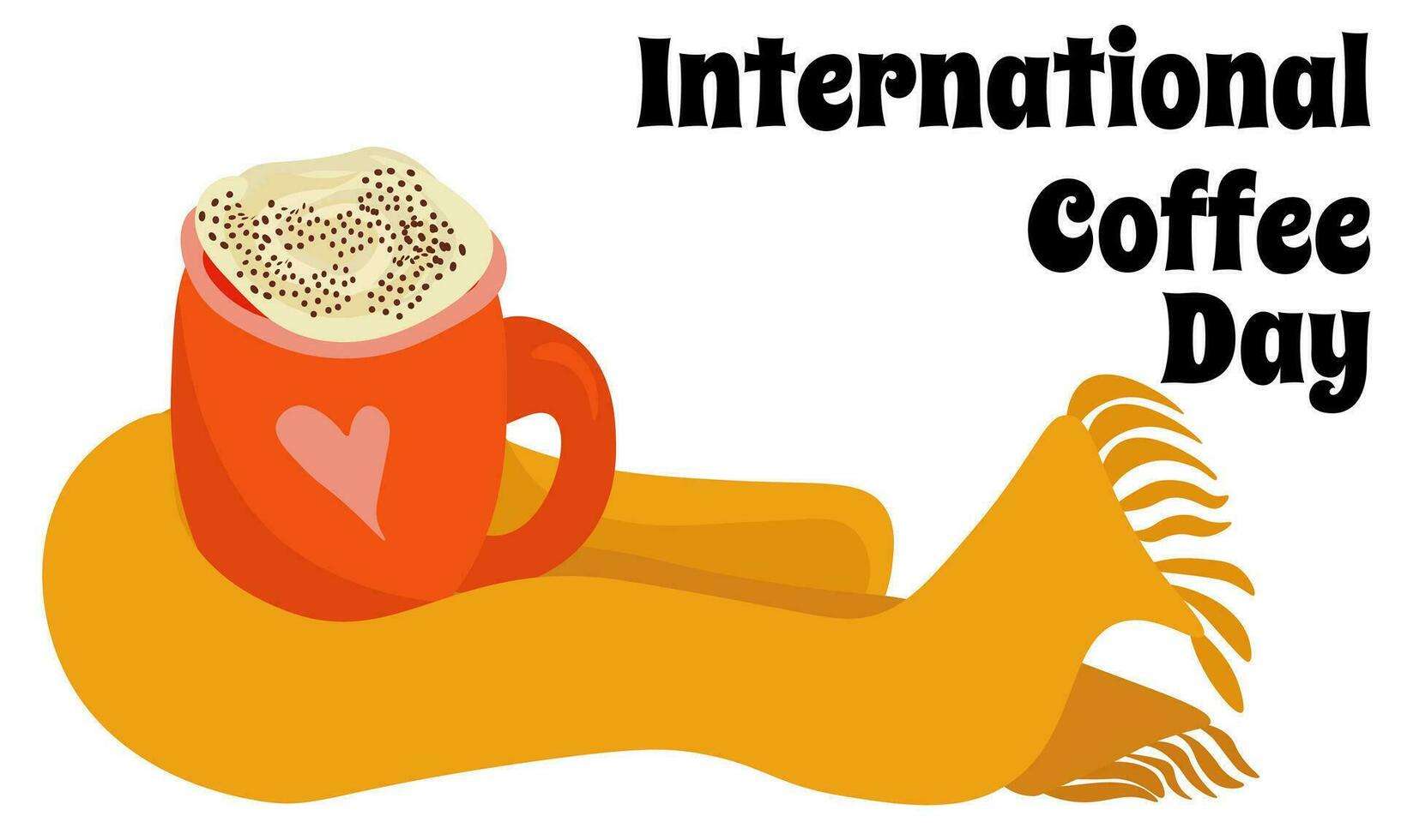 International Coffee Day, horizontal banner or postcard with cozy coffee drink and scarf, bright autumn composition vector