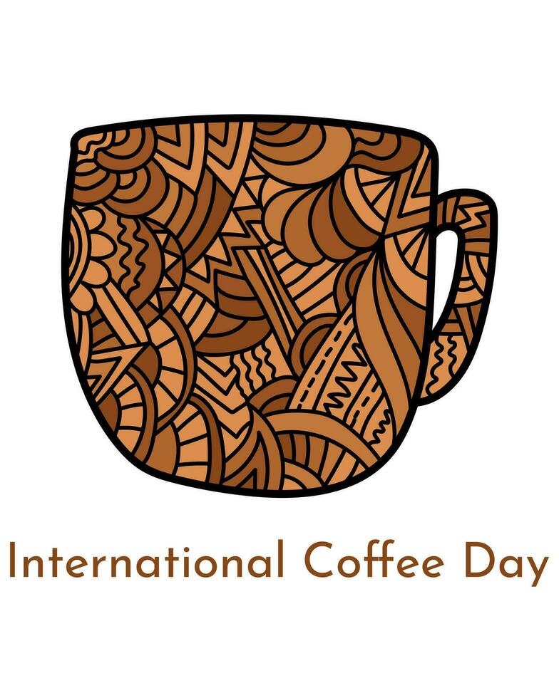 internacional café día, vertical póster diseño con un taza con zen patrones vector